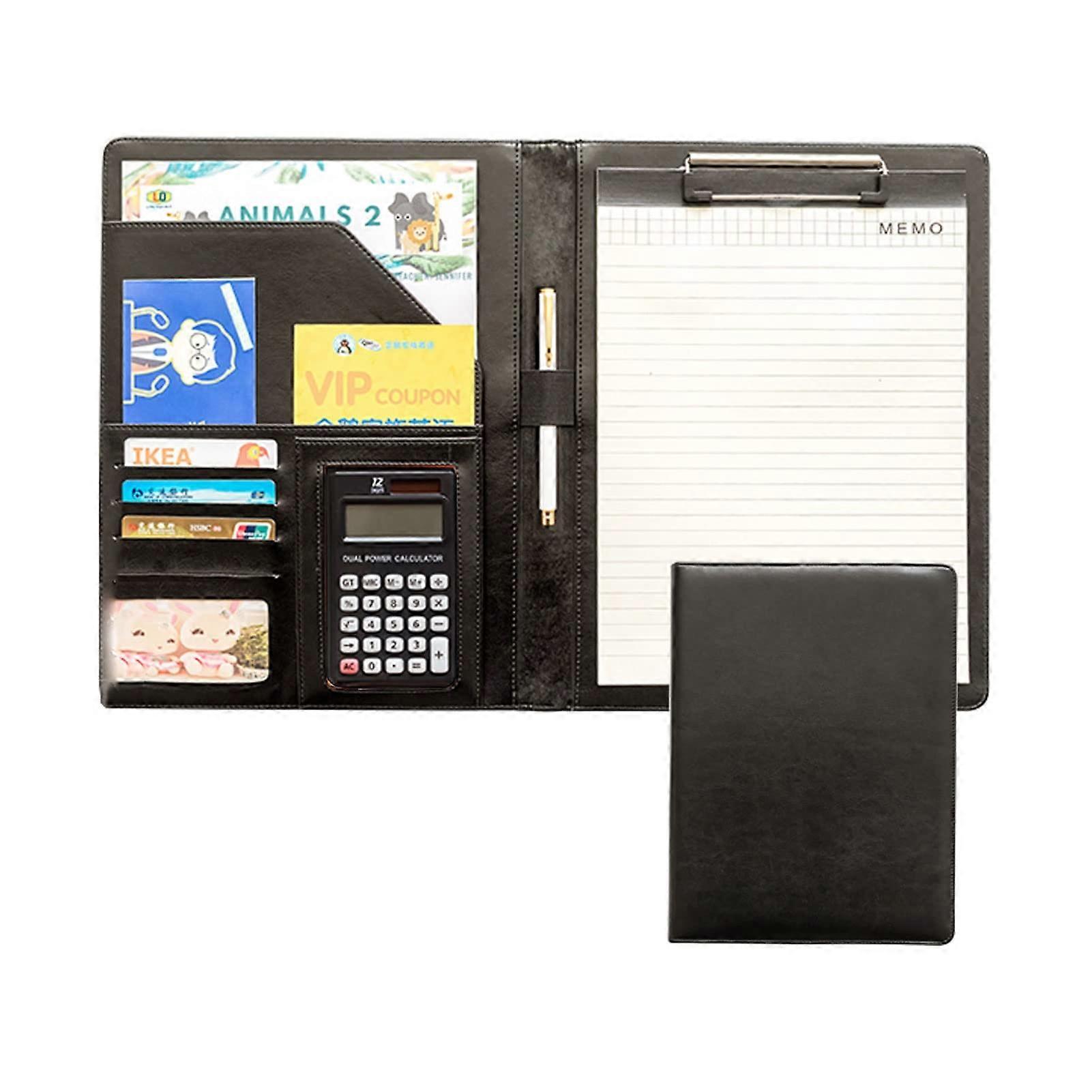 A4 Leather Conference Folder Document Holder with Clipboard, Pen, Business Card Compartment, Black, for Men