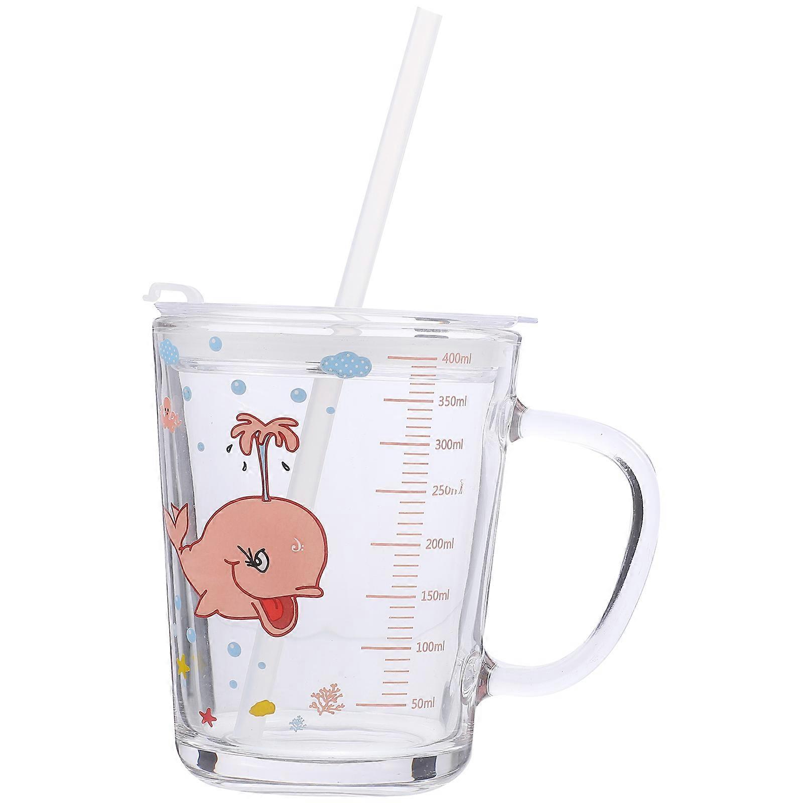 1pc Kids Glass Water Cup Milk Cup Leakproof Cartoon Design with Handle Measuring Silicone Straw Dolphin 350ML Random Lid Color
