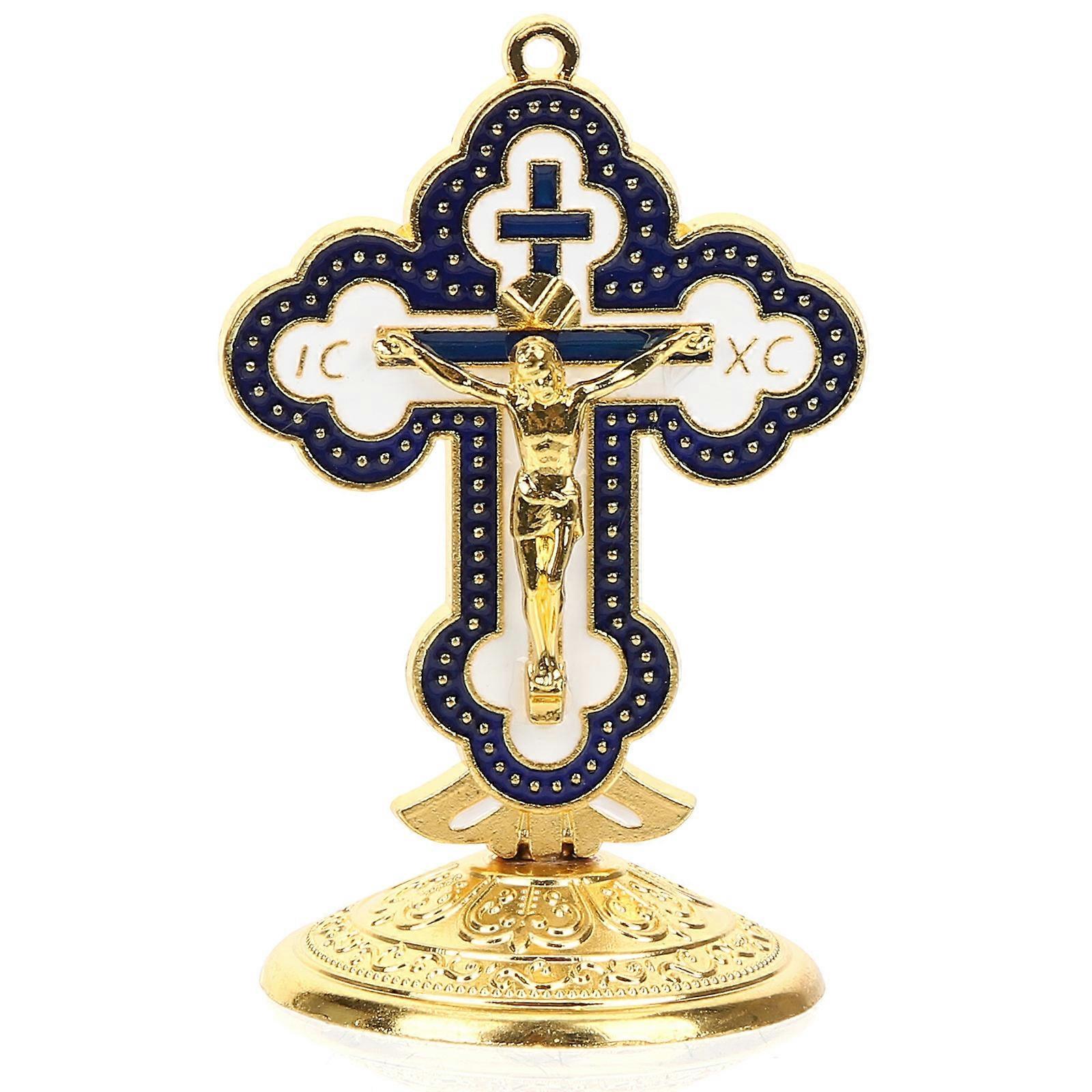 Dark Blue Alloy Cross Christmas Ornament for Tree or Table Decor with Stable Base