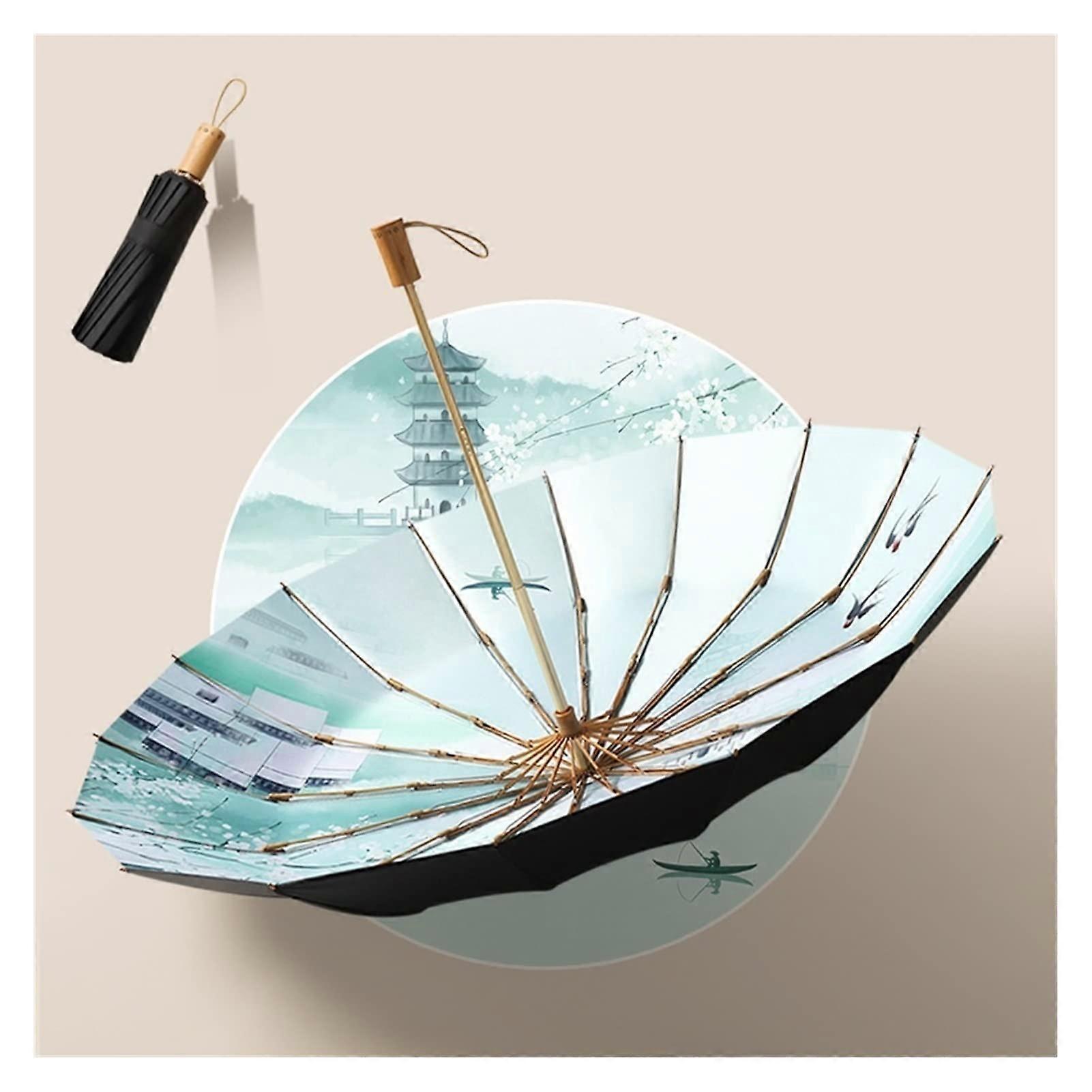 Umbrellas For Rain 3 Folding 16K Ink Painting Style Manual Umbrella For Women Large With Wood Handle Wind Resistant