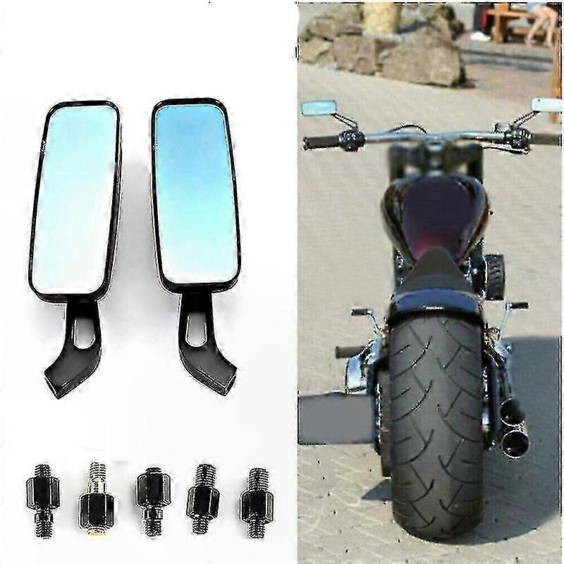 Black Square Convex Motorcycle Mirrors with Blue Tinted Glass for Cruiser Bikes