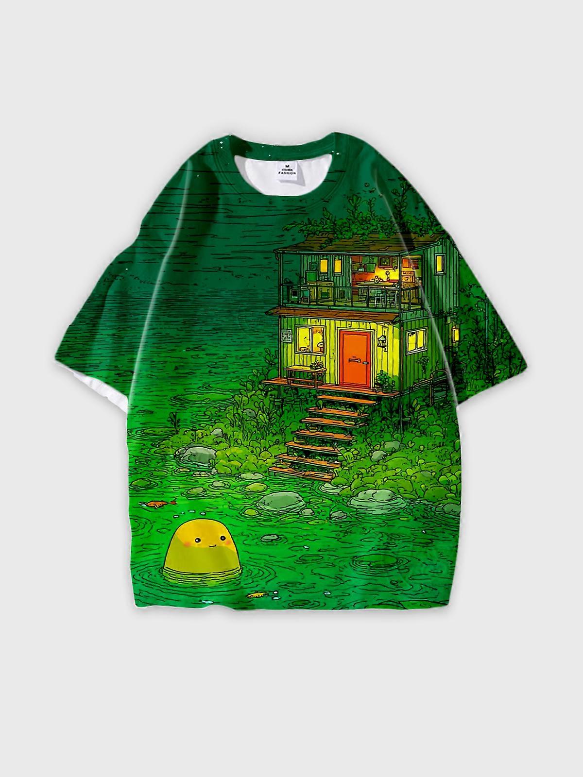 T-Shirt Round Neck, Loose Short Sleeve Pattern Graphic Tee, Unisex Summer Casual Top W2996