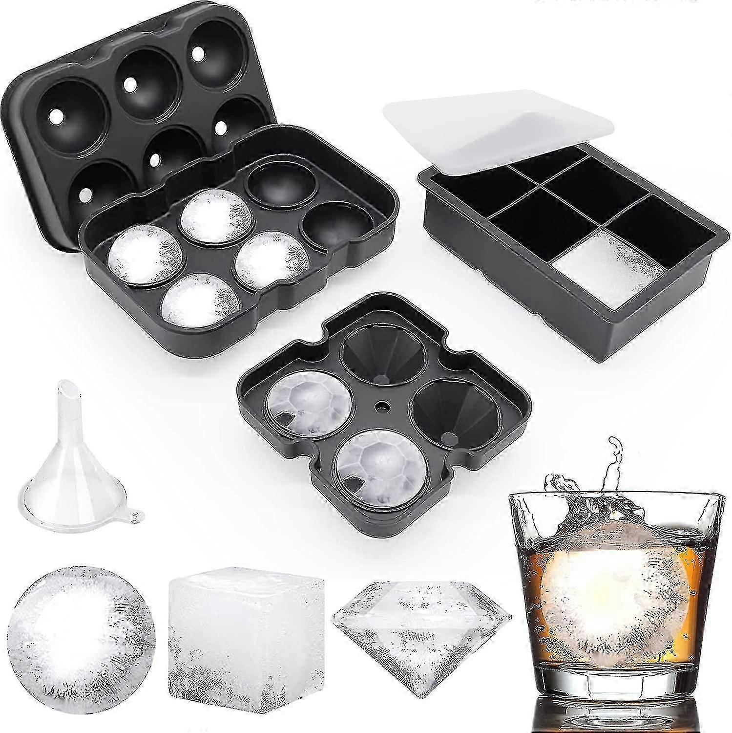 SSRGV Ice Cube Trays, Silicone Ice Cube Molds For Freezer With Lid (set Of 3), 6 Ball Ice Cube Tray, 4 Diamond & 6-ice Trays
