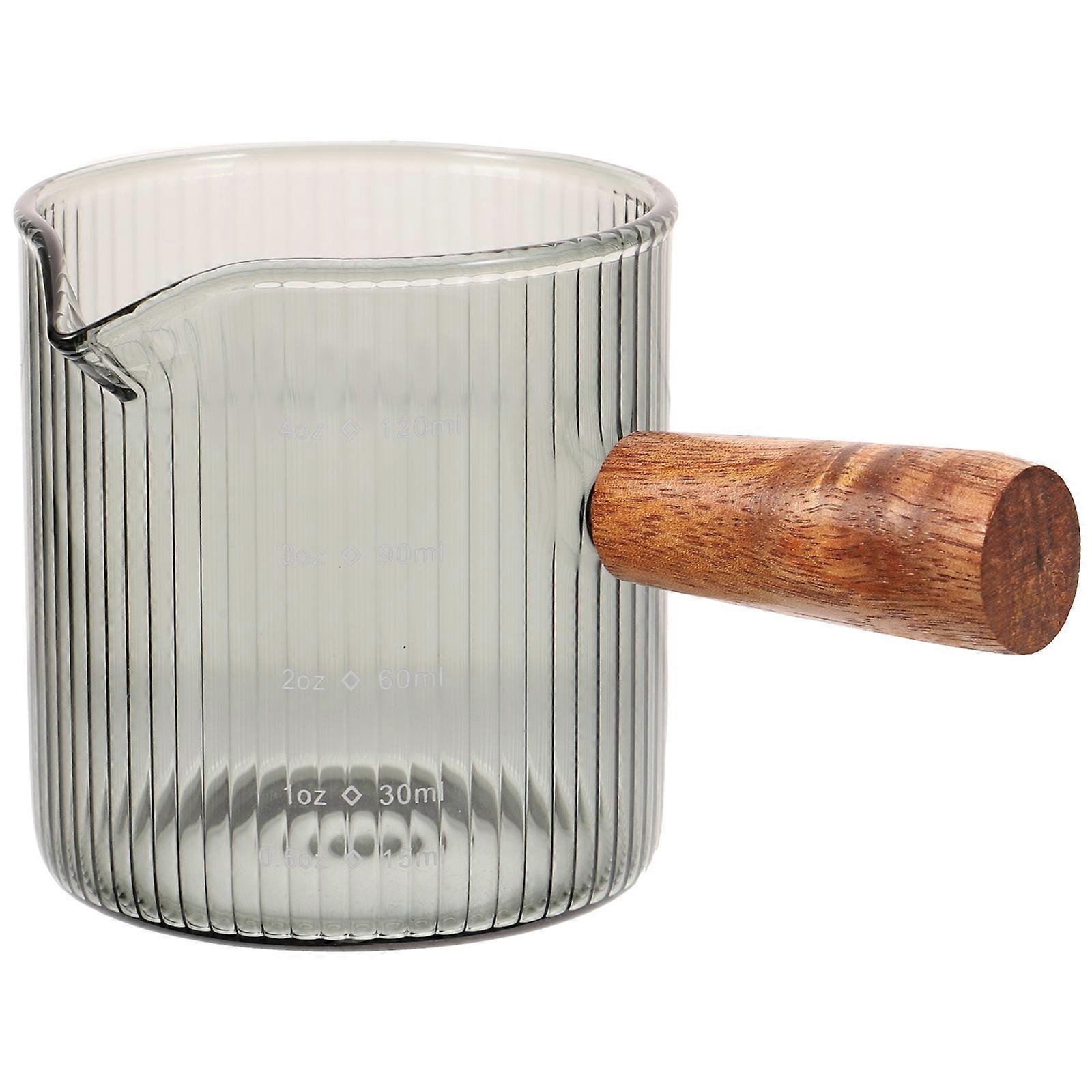 Glass Milk Pitcher for Frothing Coffee 2Pcs with Wooden Handle Dark Grey