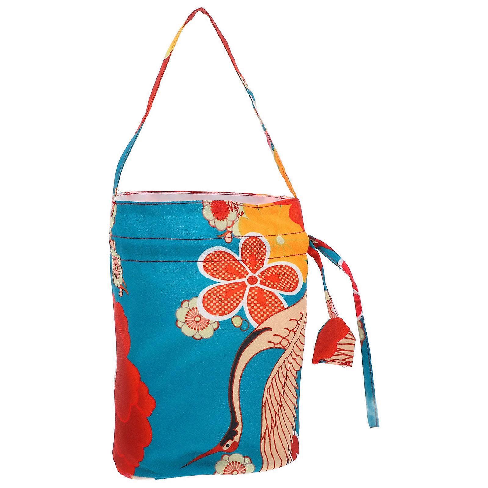 Japanese Style Bag Drawstring for 3Pcs Green Camellia Crane Pattern Pouch