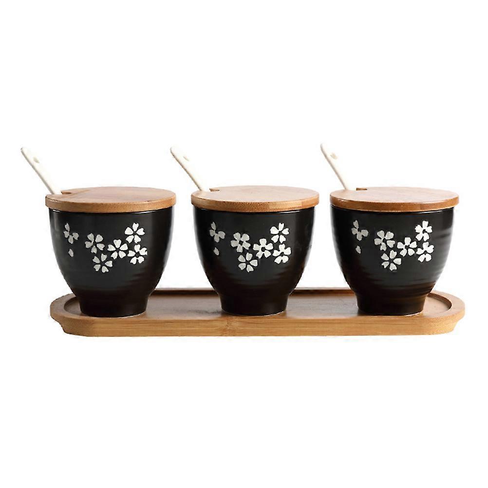 Black Condiment Container for Kitchen Use 1Set Japanese Style Ceramic Jar