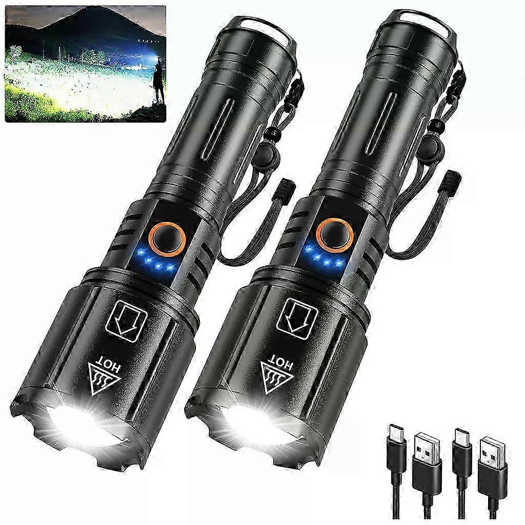 2PCS High Power Tactical Flashlights, 10000LM, Zoom, USB Rechargeable, Waterproof, P70 LED – 800m Range 25-26s