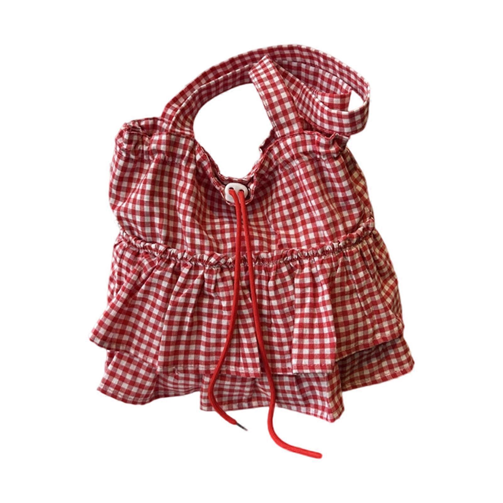 Fashion Checker Print Commuters Bag Practical Canvas Shoulder Purse Ruffle Plaids Drawstring Handbag for Office Travel  Red