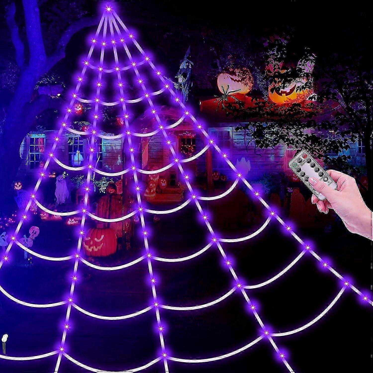 Brighter Spider Webs Halloween Decorations Lights,2023 Upgrade 250 Purple LED Light Up,8 Modes 16.4Ft Giant Spiderweb with Remote Control,Halloween De