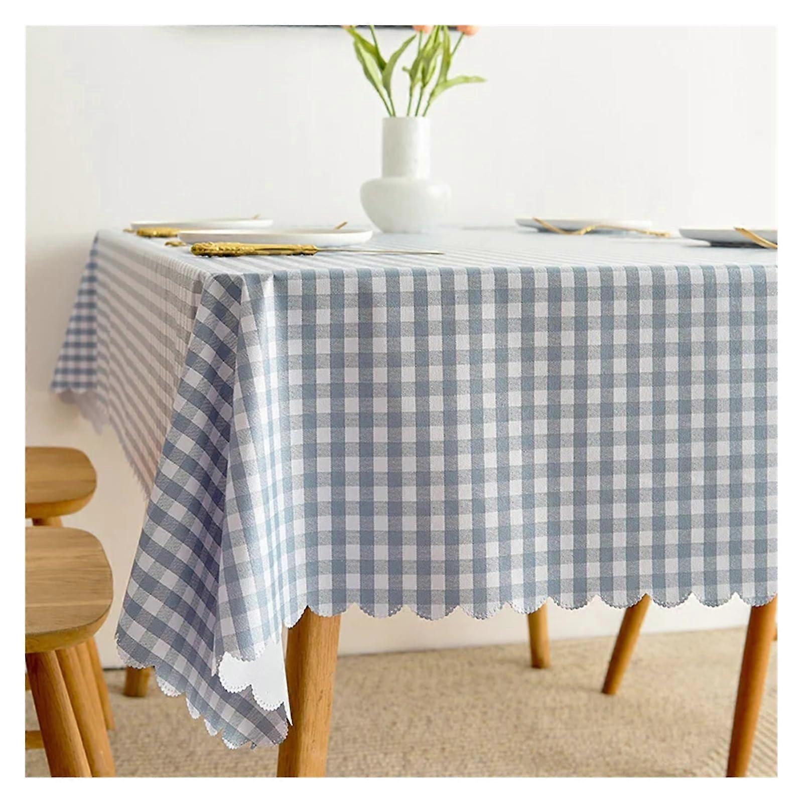 Waterproof Tablecloth PVC 100x160cm Rectangular Blue Grey Grid Oil Proof Wipeable Table Covers