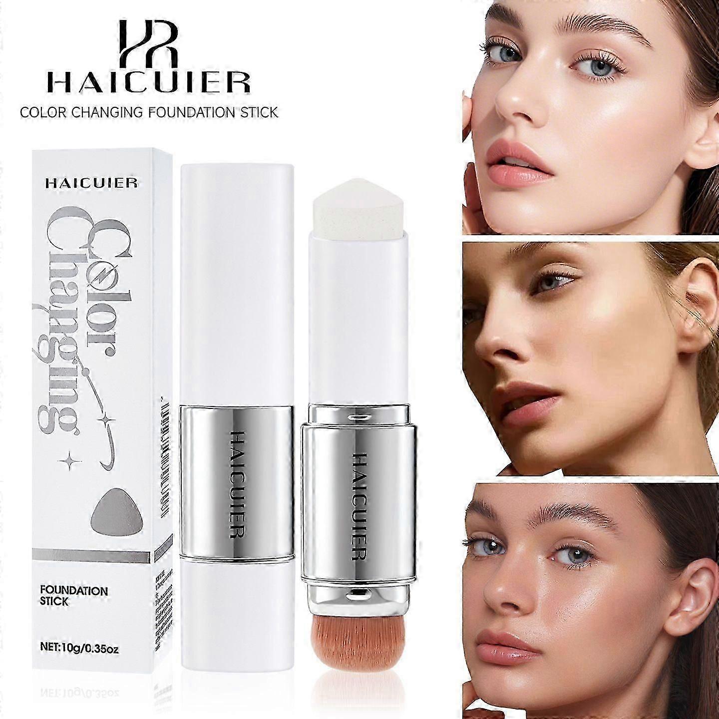 Color-Changing Foundation Stick, Dual-Ended with Built-in Brush for Dewy Hydrating Look, High Coverage Conceals Pores Oil-Control Long-Lasting, Lightw