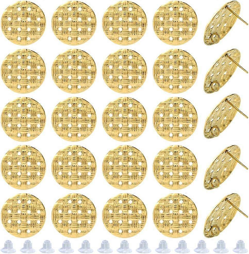 1 Box 80pcs Real 18K Gold Plated Flat Earring Posts Round Earring Stud Posts 304 Stainless Steel Texture Blank Ear Stud with Loop Findings for Jewelry