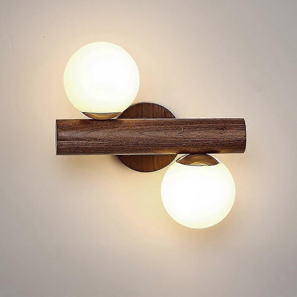 Modern Dark Walnut Wood Wall Sconce 360° Rotatable Dual Globe Glass Nordic Style G9 Light for Bedroom