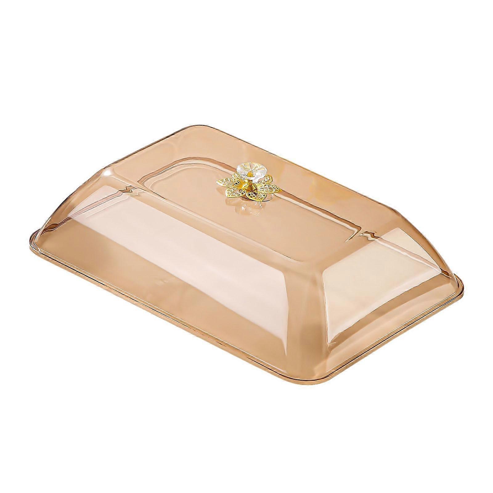 XL Amber Rectangular Cake Cover with Elegant Flower Handle, Dustproof Food Dome for Picnics