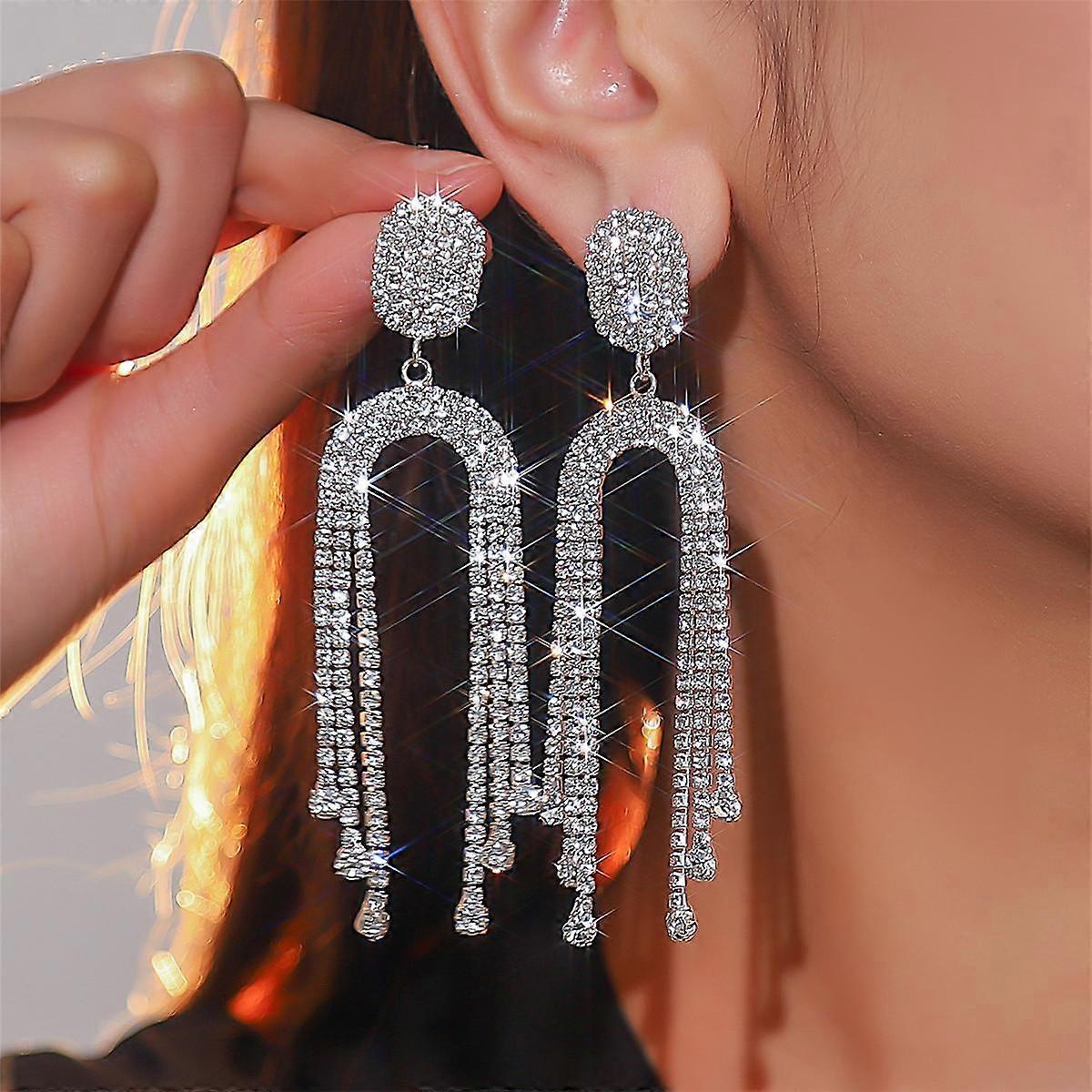 High-end long tassel full diamond earrings, shiny temperament studs.