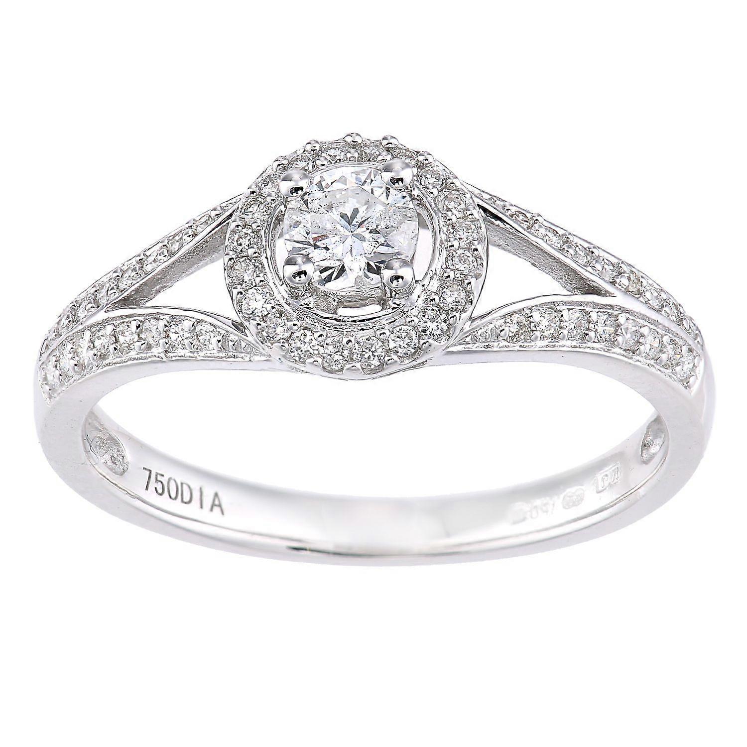 Jewelco London 18ct White Gold Round 22pts Diamond 18pts Split Shoulder Pave Halo Solitaire Engagement Ring
