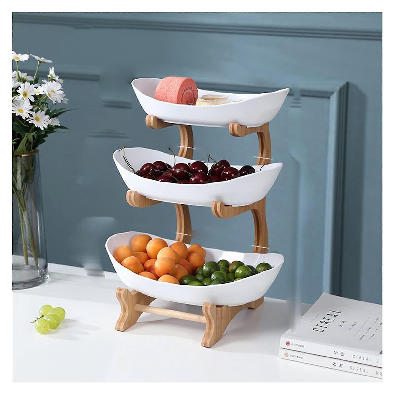 3 Tier Fruit and Cake Stand with Detachable Wooden Base, Multipurpose Serving Tray