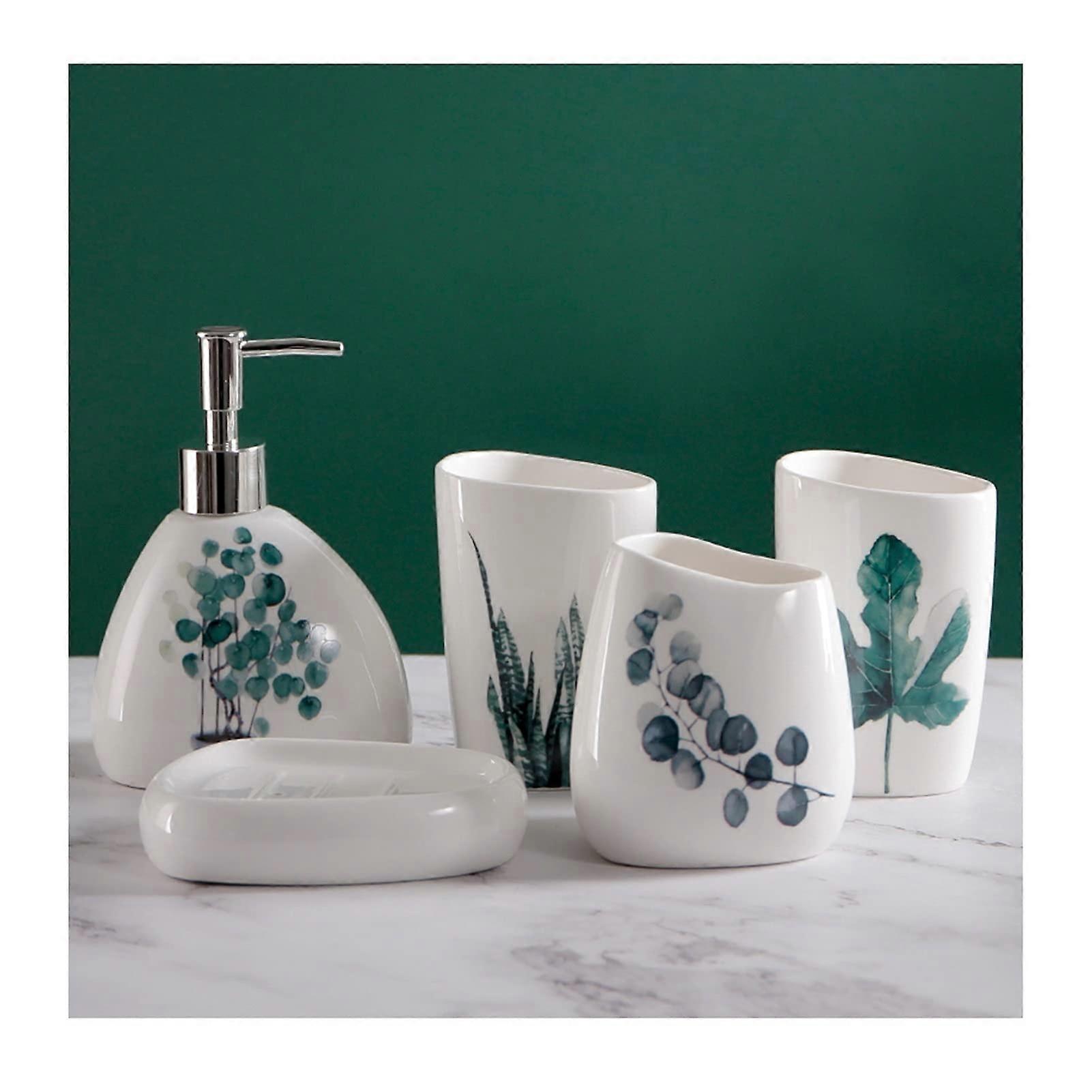 Ceramic Bathroom Accessories Set with White Soap Dispenser Pump, 5 Piece Elegant Bathroom Set