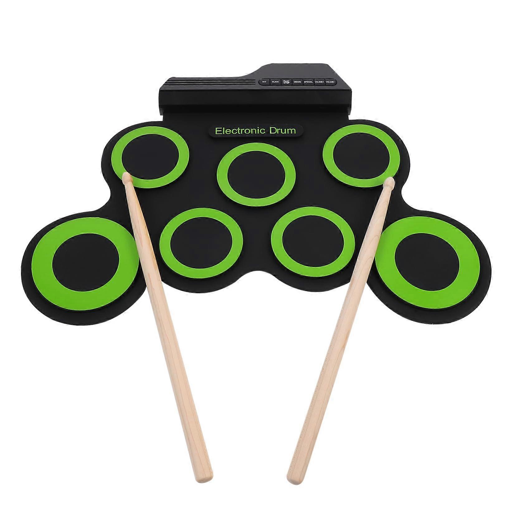 Electronic Drum Kit Foldable Roll Up Silicone Set with USB and Metronome for Beginners Green