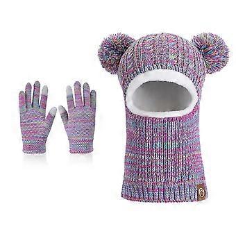 AWZXDE Gorro e Cachecol Infantil de Inverno com Forro Macio, Conjunto de Uma Peça, Gorro Térmico de Tricô com Protetores de Orelha para Meninos e Meninas, Cor Roxa