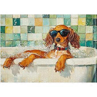 Dachshund Taking Bubble Bath Jigsaw Puzzle - Dachshund on a Bathtub in Bathroom - Pet Shower Decor Puzzles SQZ843