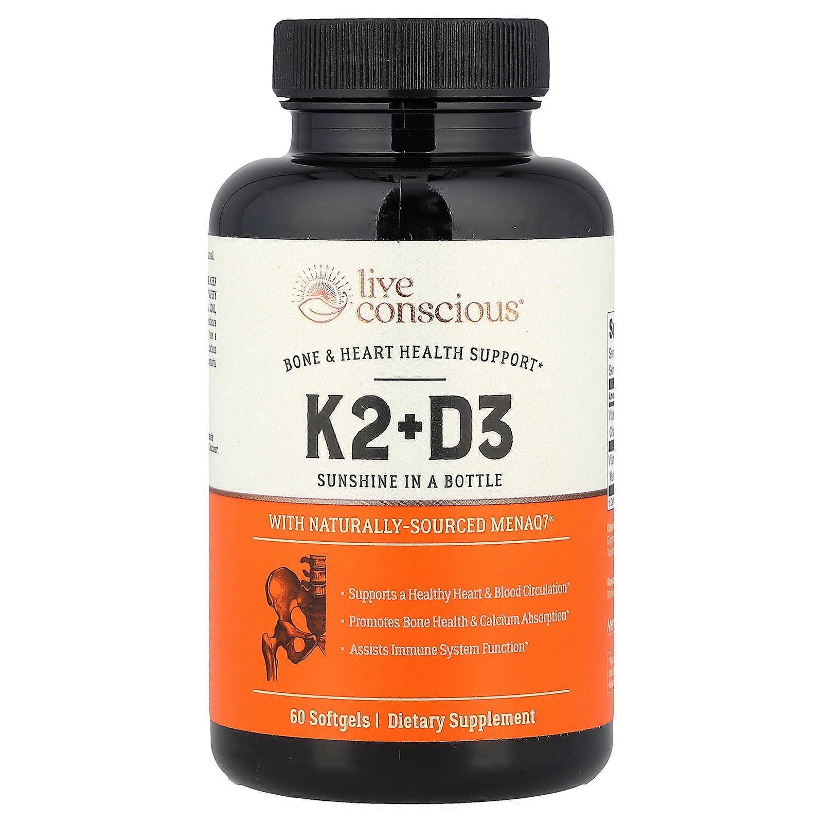 Live Conscious, K2+D3, 60 Softgels