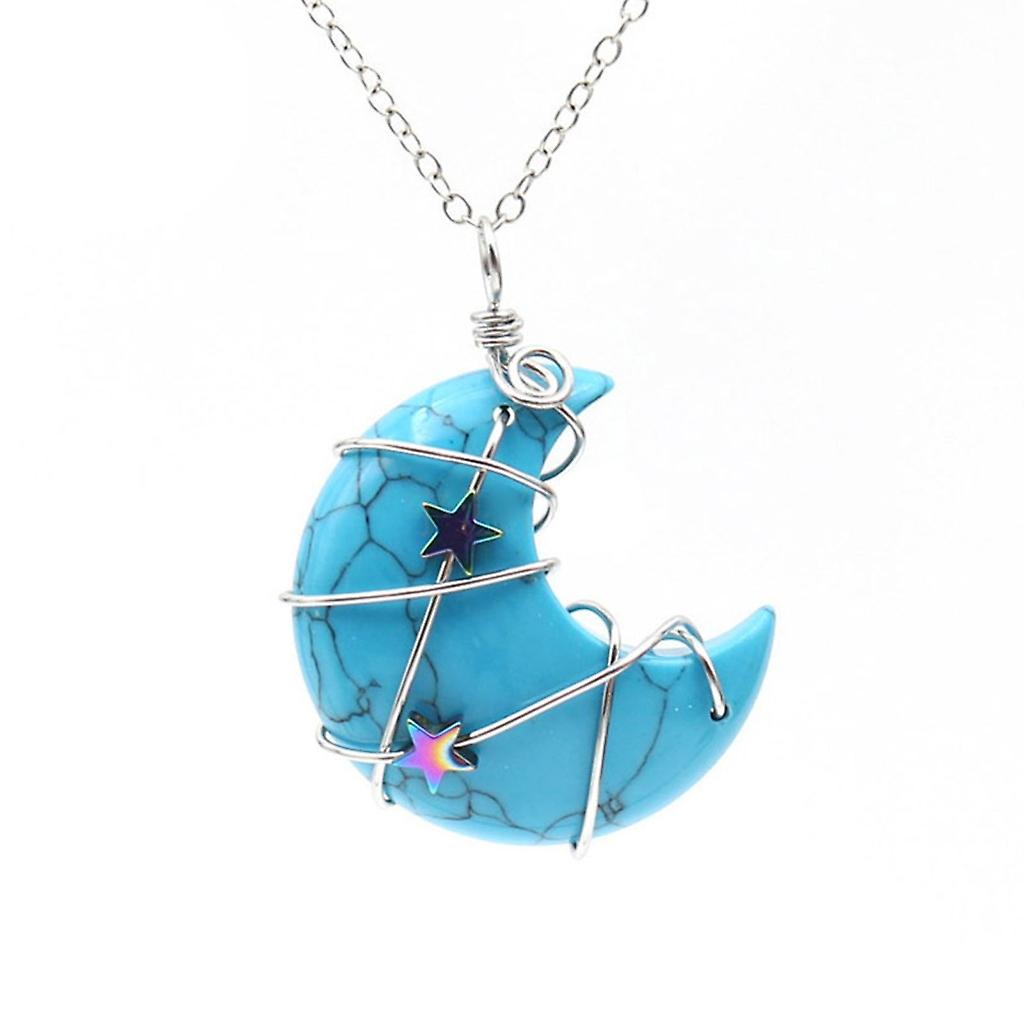 Natural Stone Pendant Necklace Wire Wrapped Moon Shape Charm Clavicle Chain
