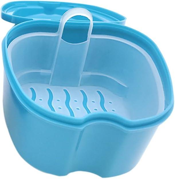 Denture Case (with Basket) Blue Storage Box For Dental Appliances, For Retainers, Light Blue