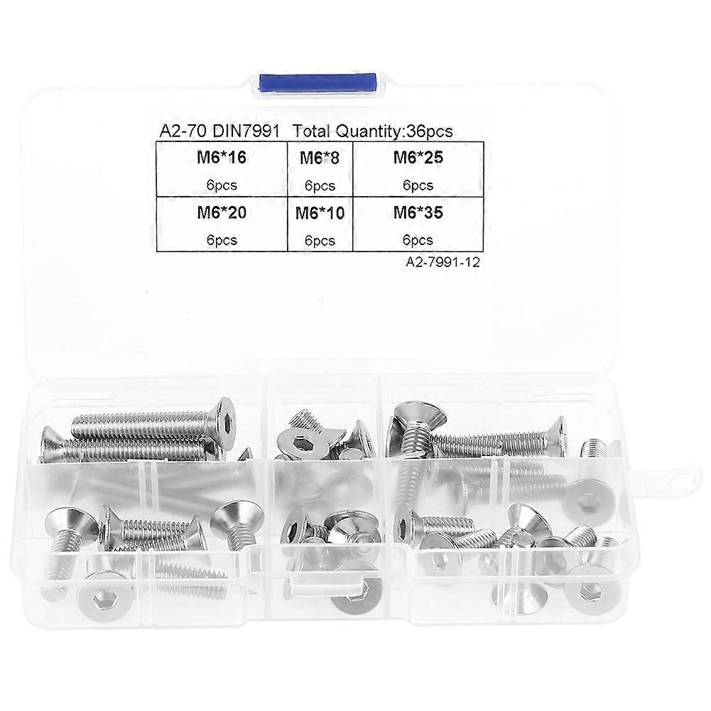 36pcs M6 Hex Socket Flat Head Cap Bolts Stainless Steel Assortment Kit