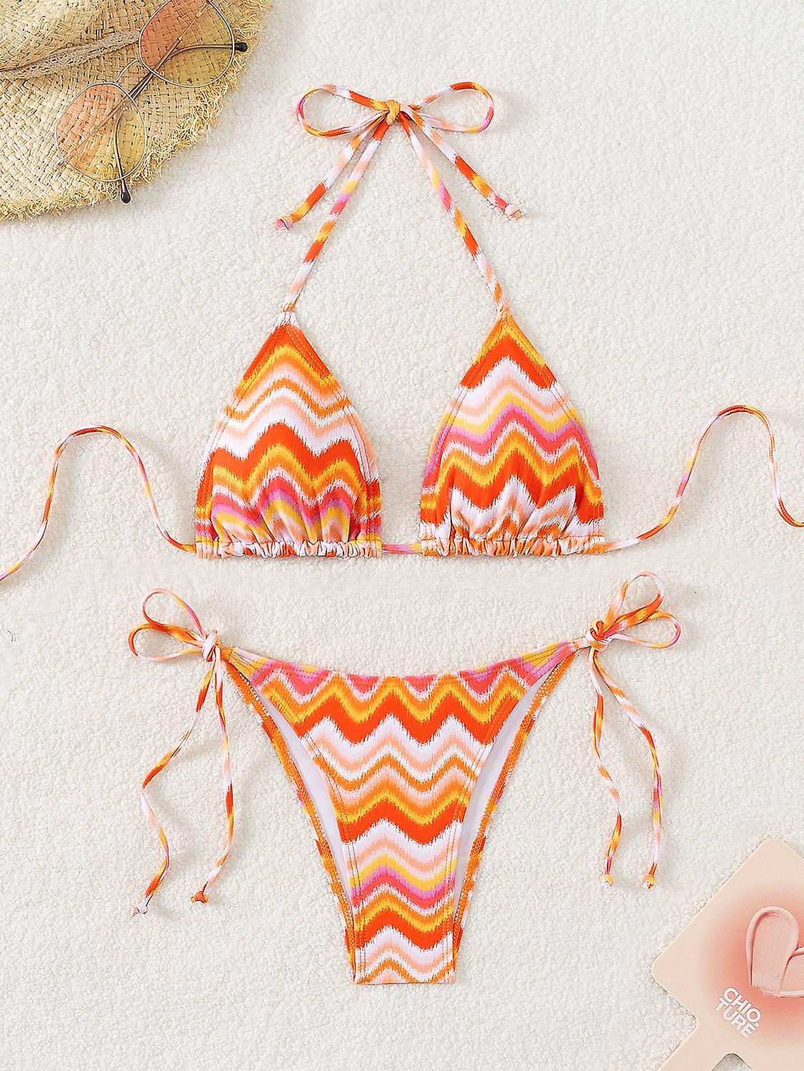 Women's Striped Colorful 2 Piece Bikini Set Halter String High Cut Triangle Swimsuits