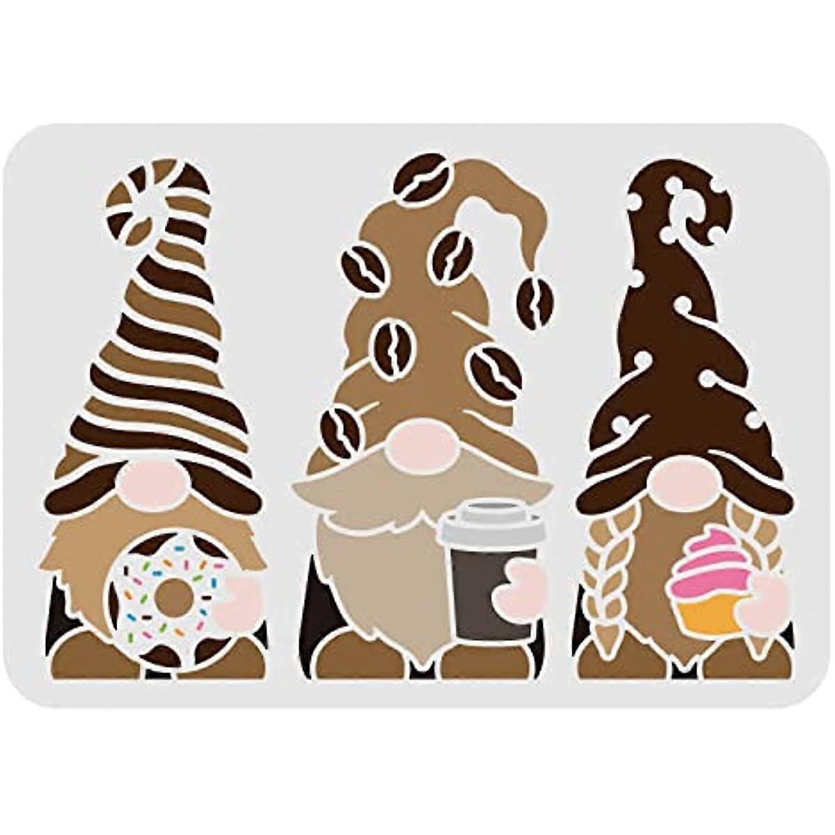 3 Gnomes Stencils 11.7x8.3 inch Afternoon Tea Theme Gnomes Stencil Plastic Gnome with Hats Stencils Reusable Donuts Coffee Cones Pattern Stencil for P