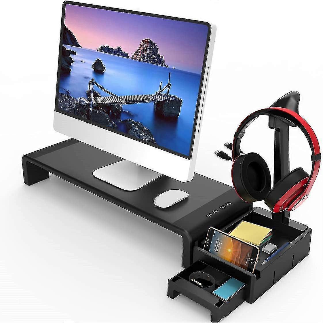 Monitor Stand With 4 Usb Ports Adjustable Width, Laptop Desktop Stand, Monitor Stand Riser With Storage Drawer