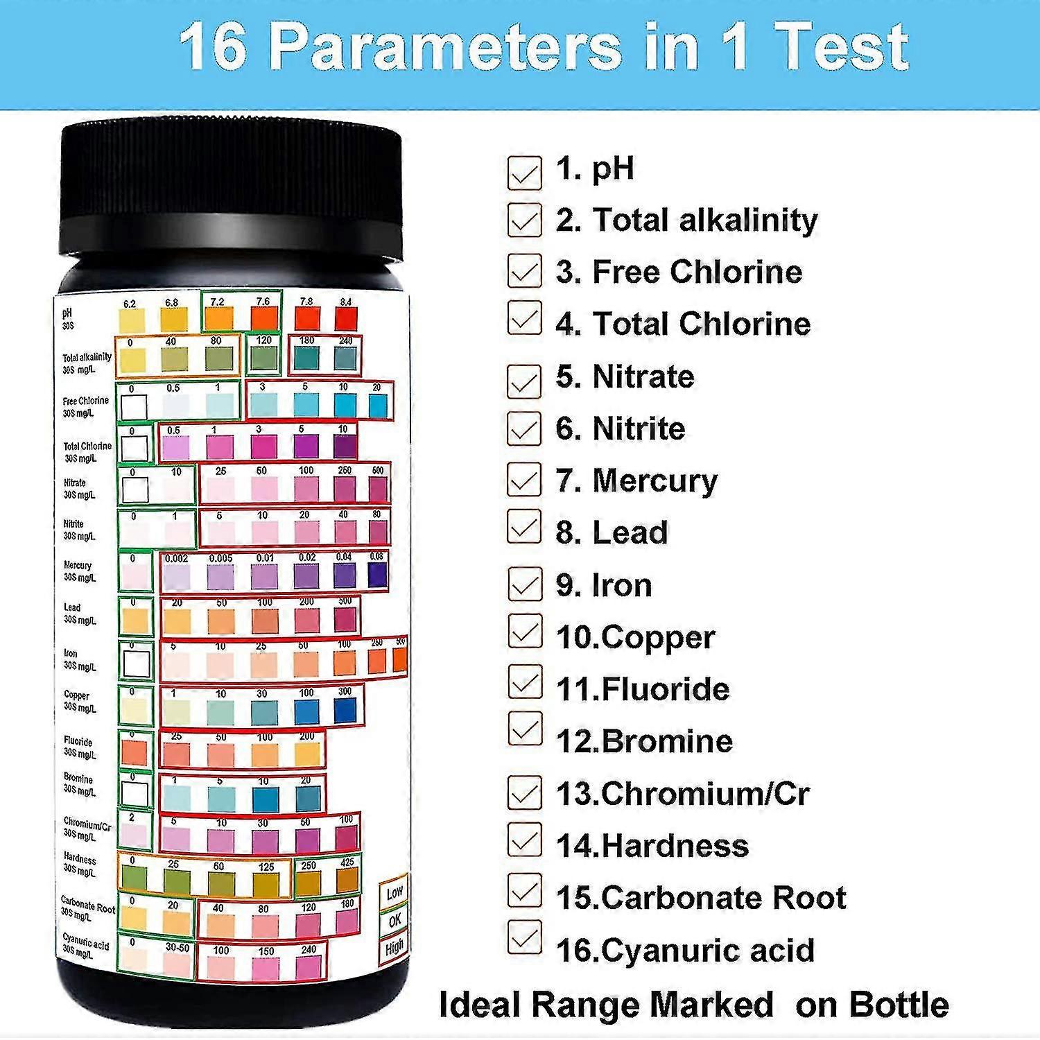 16 I 1 Drikkevann TestSett Profesjonell Hardhet Testing Sett, Trykk og Brønn Vann Test Strimler