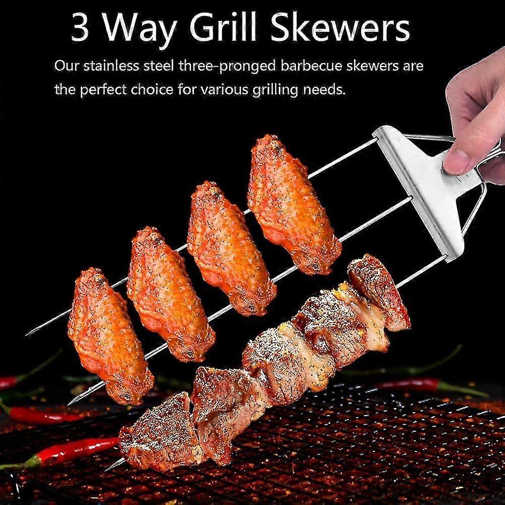 3 Way Grill Skewers, 14.7 Inch Stainless Steel Three-pronged Barbecue Skewers, Semi-automatic Grill Fork With Push Bar Slider, Bbq Accessory