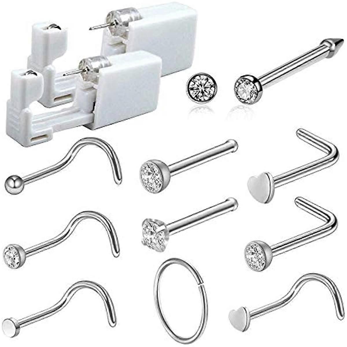Nose Piercing Kit Disposable Sterile Safety Nose Piercing Gun Tools with 10 pcs Nose Studs for Women Man Girls Boys Unisex (12PCS nose piercing kit)