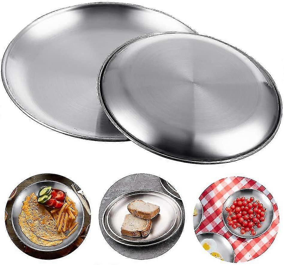 2 stk rustfritt stål serveringsretter oval skuff rundt rustfritt stål serveringsbrett rustfritt