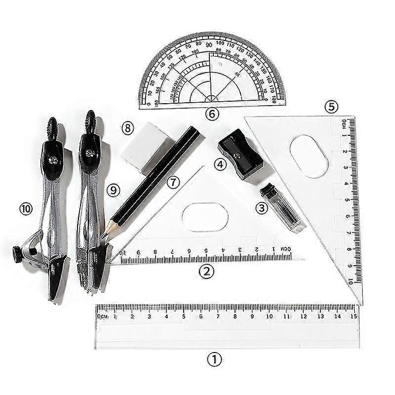 Drafting Compass Set 10pcs School Maths Protractor Set Rulers For Student Maths And Home Schooling Drafting In Carry Case