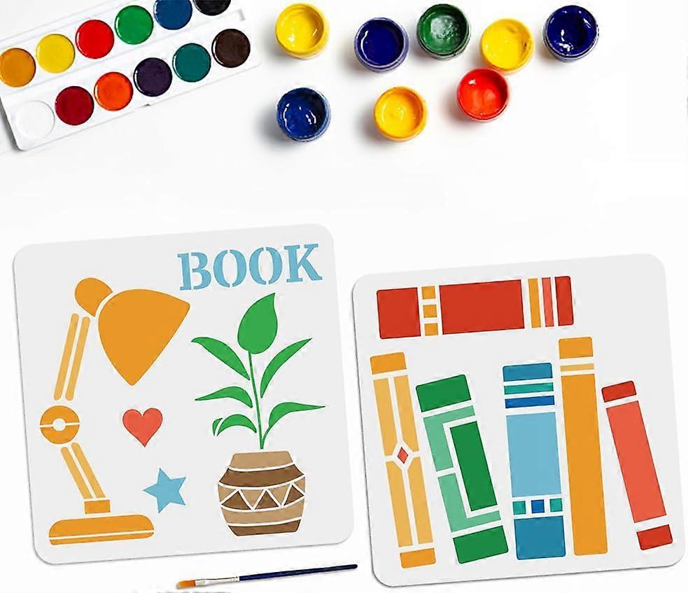 2pcs Bookshelf Lamp Painting Stencil 11.811.8inch Book Stencils for Painting with Paint Brush Standing Book Potting Heart Star Pattern Template for on