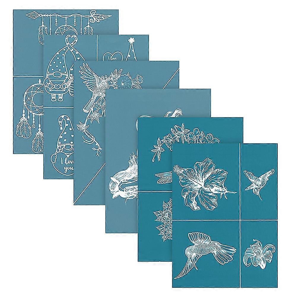 Silk Screen Stencils, 6 Pack Flower Birds Pattern Reusable Self-adhesive Silk Screen Printing, Diy Self-adhesive Silk Screen Printing Stencil Mesh Tra
