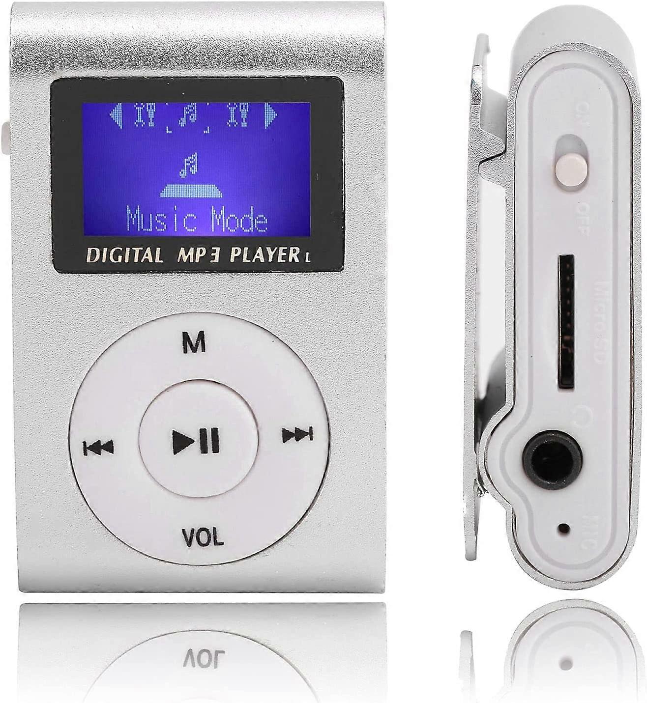 Portable Mini MP3 Music Player, LCD Screen Sports Back Clip MP3 Player Support Memory Card (Silver)
