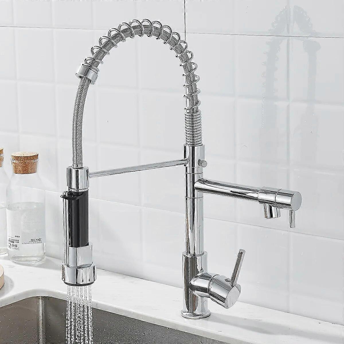Kitchen Spring Faucet Pull-down Kitchen Sink Hot Cold Water Rotating Pull Faucet All Copper Nickel Brushed Double Head Faucet