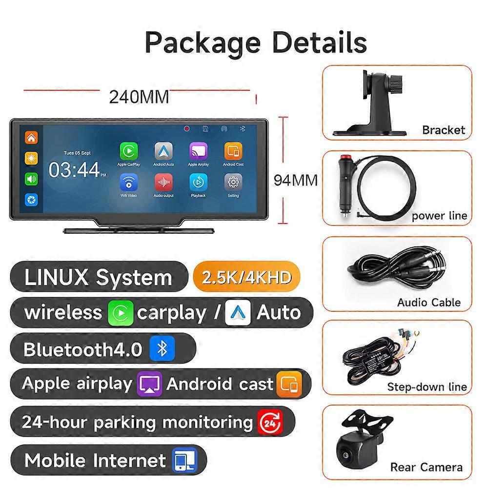 10.26" Universele Auto DVR Multimedia Android Auto Draadloos CarPlay WiFi AUX Dash Cam FM Videorecorder Dashboard Achteruitkijkcamera