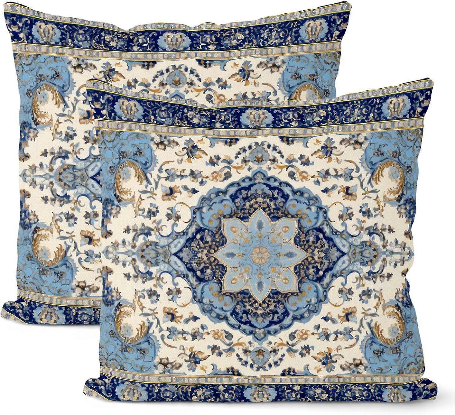 Blue Boho Pillow Covers 18x18 Set of 2, Retro Persian Carpet Boho Throw Pillow Covers Linen Farmhouse Vintage Bohemia Rug Decor Cushion Case Boho Home