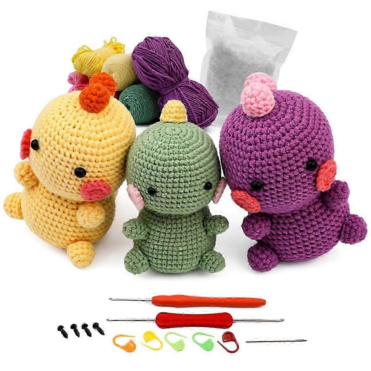 3 قطع DIY الكروشيه ديناصور كيت مع اليد الحياكة الغزل الإبر دمية أفخم سهلة (أصفر ، أخضر ، أرجواني)