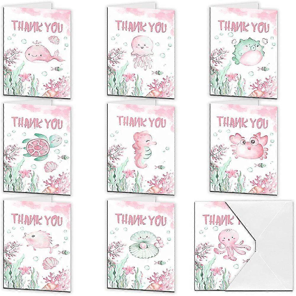 Rectangle with Marine Life Pattern Thank You Theme Cards with Paper Envelopes Pink Thank You Theme Cards: 1set