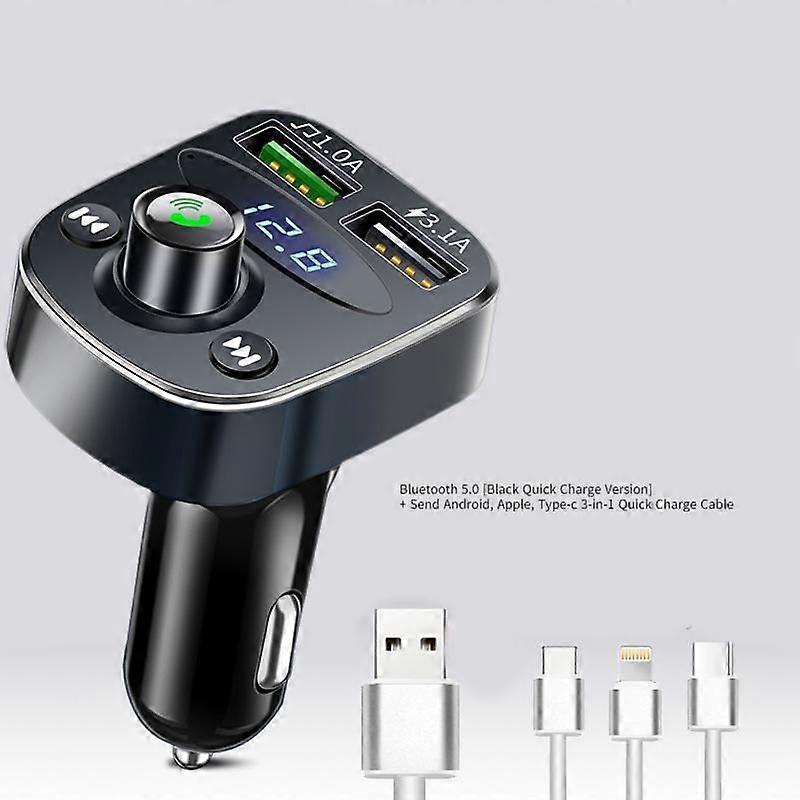 Player Multifunctional Bluetooth Receiver USB Car Charger-Bluetooth 5.0 [Black Quick Charge Version] + 3-in-1 Quick Charge Cable (One Set)