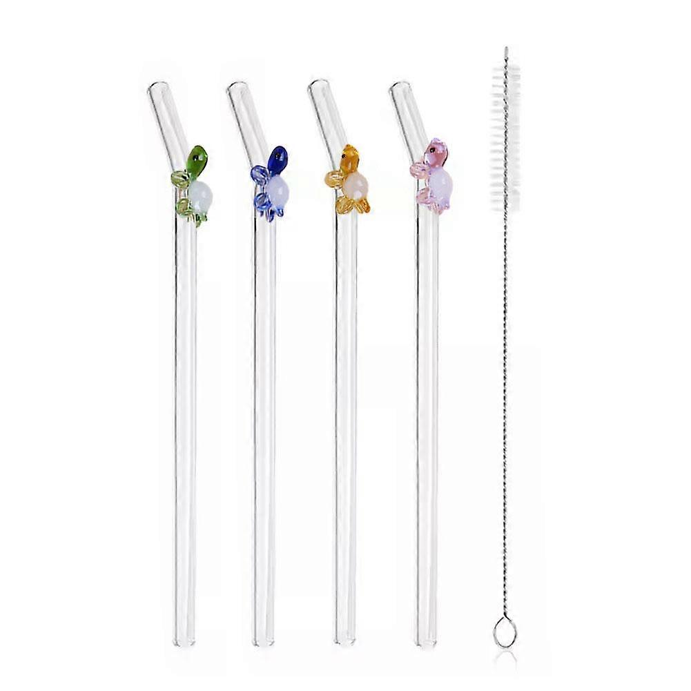 Glass Straws With Cute Colored Turtle 4pcs Durable