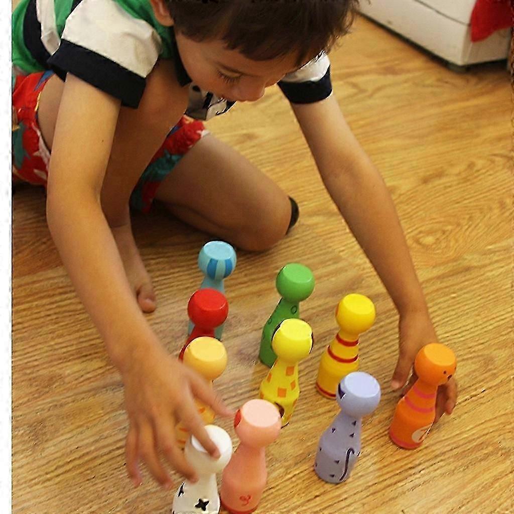 Wood Animal Shaped Bowling Set Kids Hand Eye Coordination Toy Home Family Interactive Games with 10 Pins 3 Balls