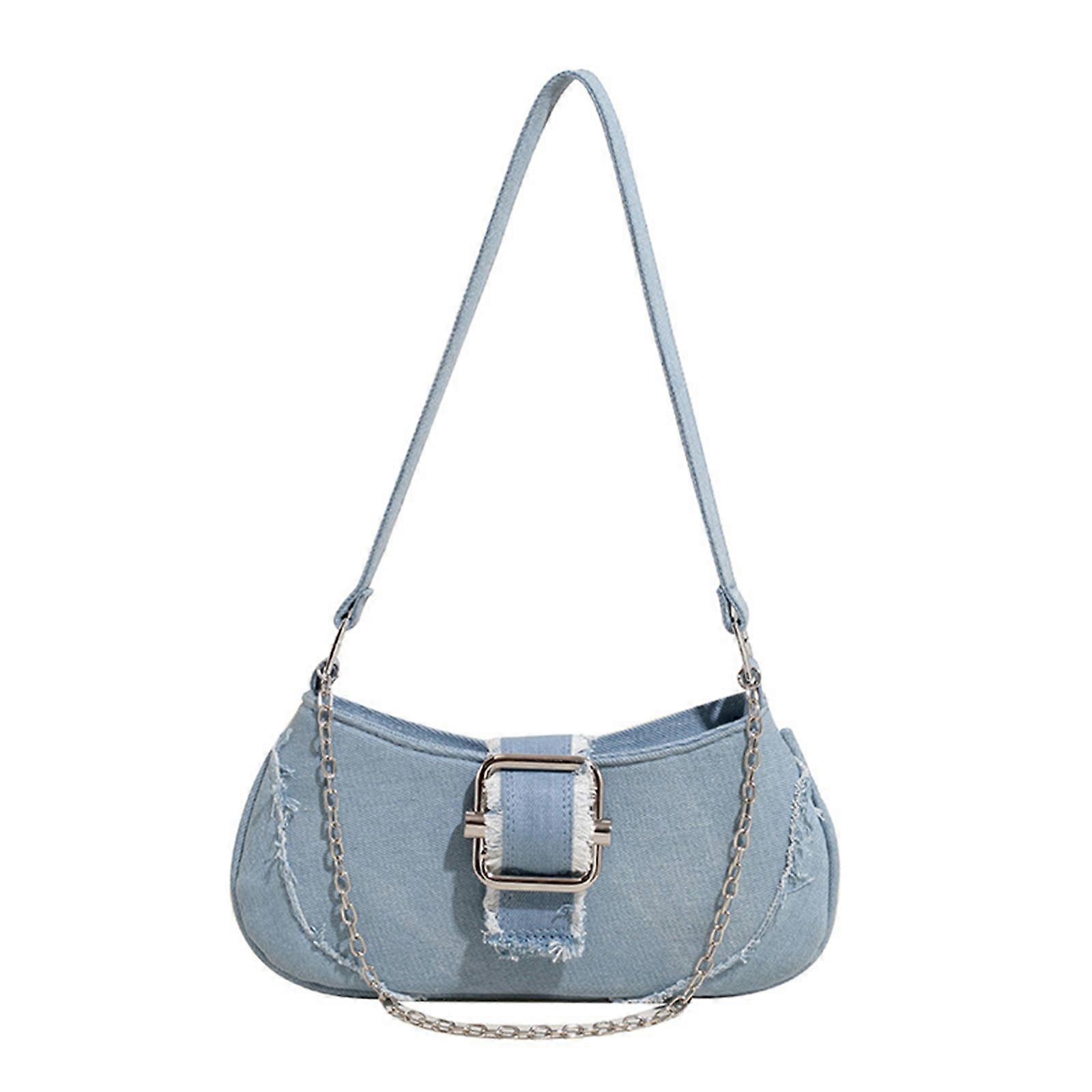 Compact Jean Satchel Handbag Trendy Chain Detail Women's Casual Shoulder Bag For Phone And Wallet Essential Storage Light blue