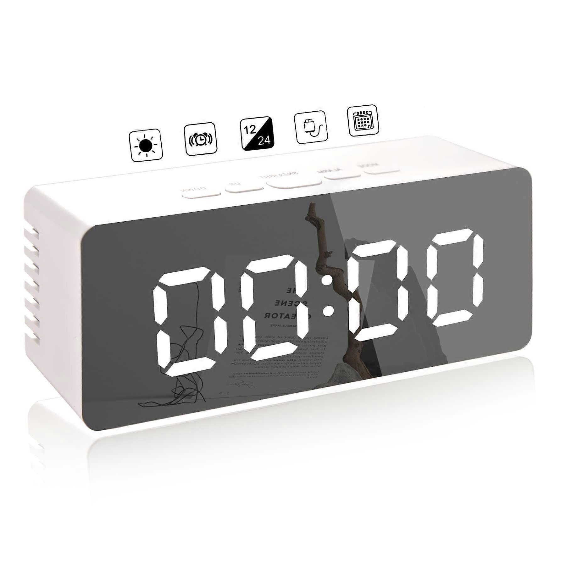 Alarm Clock - LED Bedside Clock with Temperature, Snooze, Voice Control Makeup Mirror, Adjustable Brightness, USB Port Battery Operated Alarm Clock